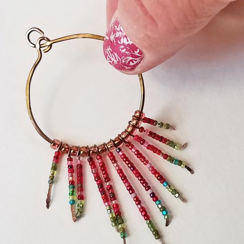 Debbie Blair's Red Poppy Hoop Earrings with Beaded Fringe - , Contemporary Wire Jewelry, Loops, Wire Loop, Wrapped Wire Loop, red poppy hoop earrings